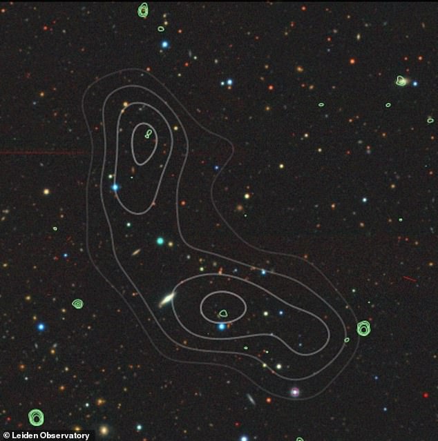 Alcyoneus (pictured) has been identified as a giant radio galaxy, containing a host galaxy, along with massive jets and lobes erupting from its center