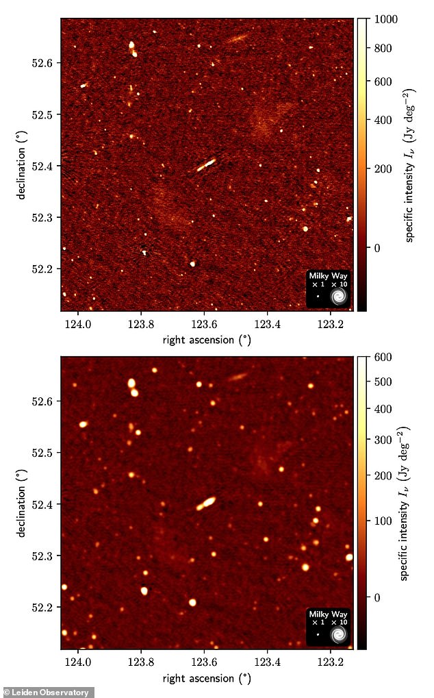 Oye and his team discovered the largest known galaxy while searching for outliers in data collected by Europe's Low Frequency Array.  Researchers had to remove embedded radio sources from the images to help reveal the radio lobes and locate Alcyoneus (pictured)