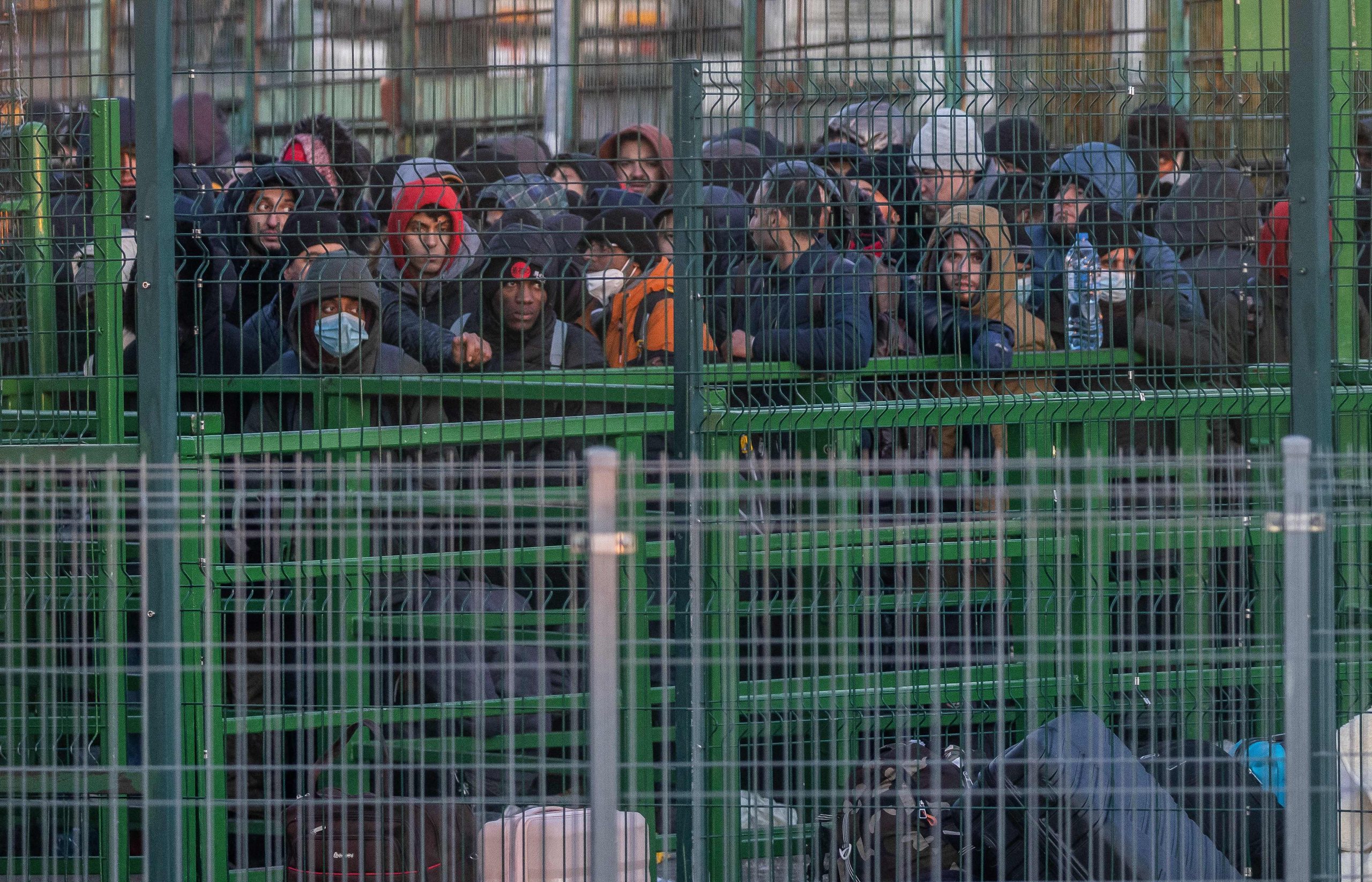 Refugees from Ukraine line up to arrive in Poland at the border crossing in Medica, Poland, on February 28.