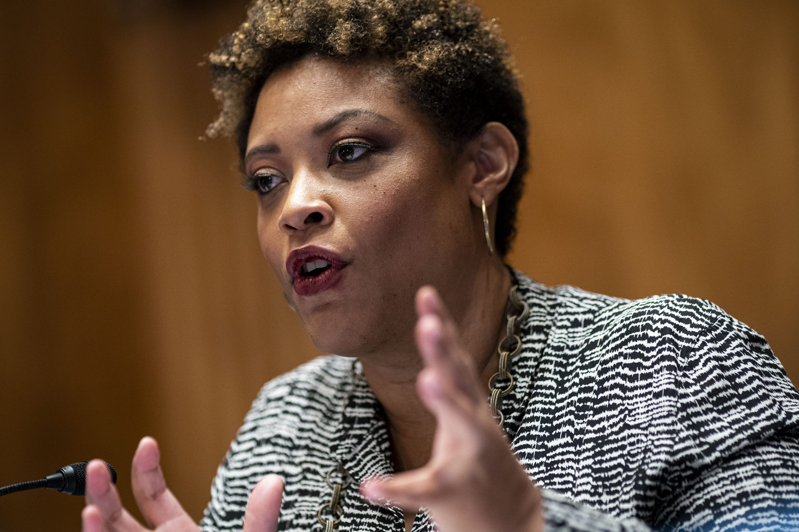 Shalanda Young, acting director of the Office of Management and Budget, speaks during the confirmation hearing of the Senate Homeland Security and Governmental Affairs Committee in Washington, D.C., on February 1.