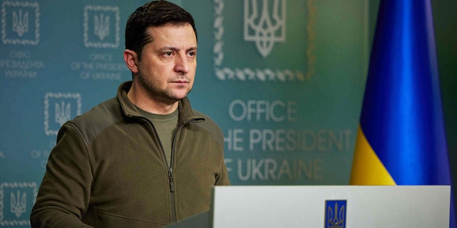 Ukrainian President Volodymyr Zelensky holds a press conference on Russia's military operation in Ukraine on February 25, 2022 in Kyiv. 