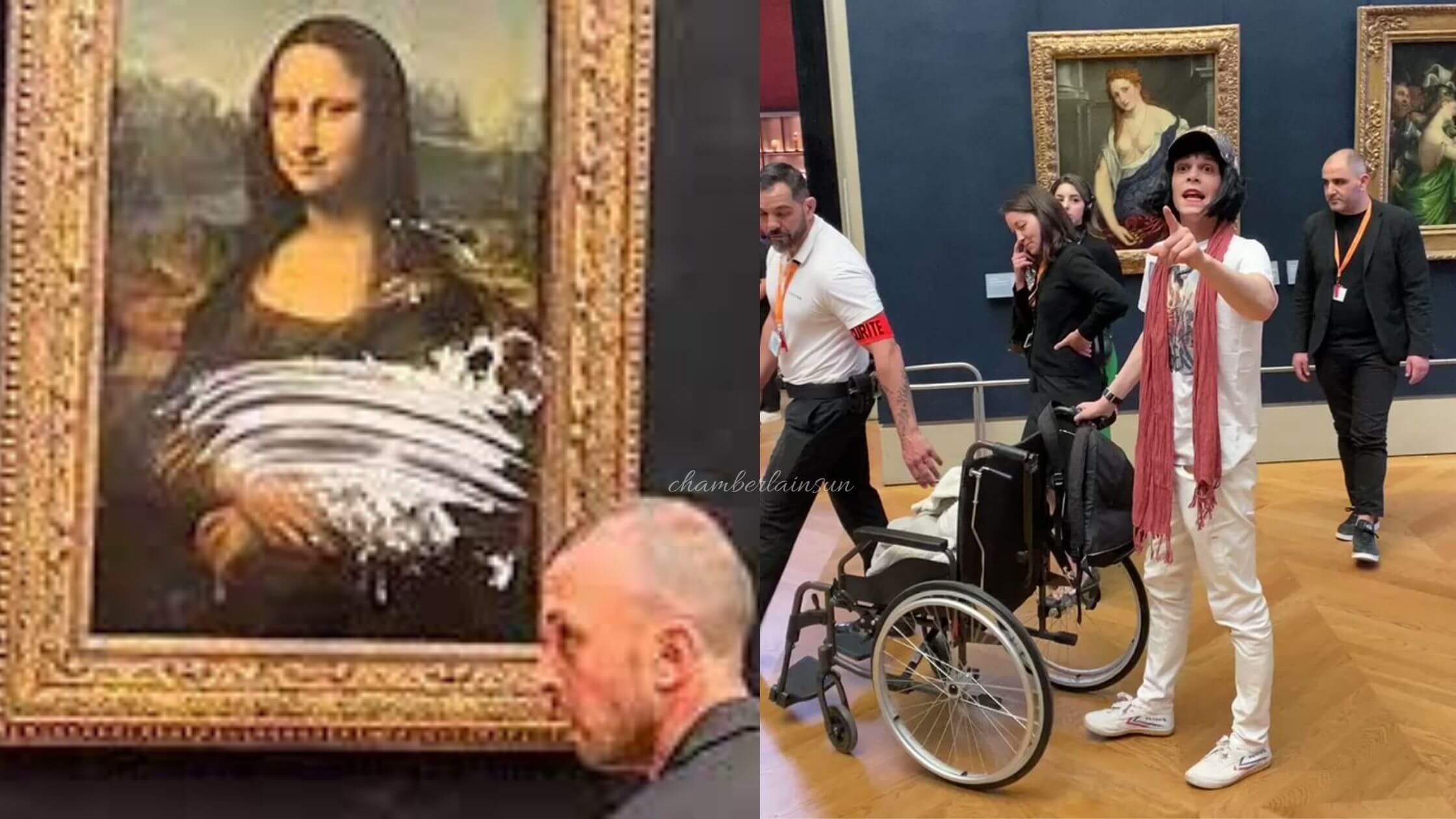 A Man Dressed As An Old Woman Smears Cake On The Mona Lisa's Glass!