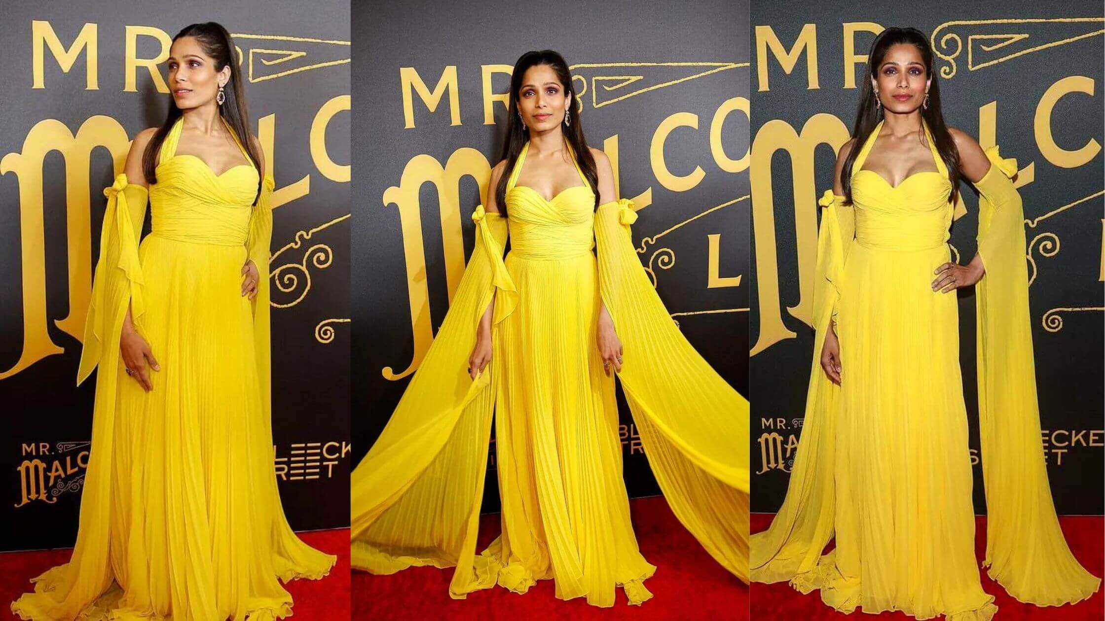 Freida Pinto Pretty Looks Out! She Appeared In A Yellow Pleated Gown At The NYC Premiere!