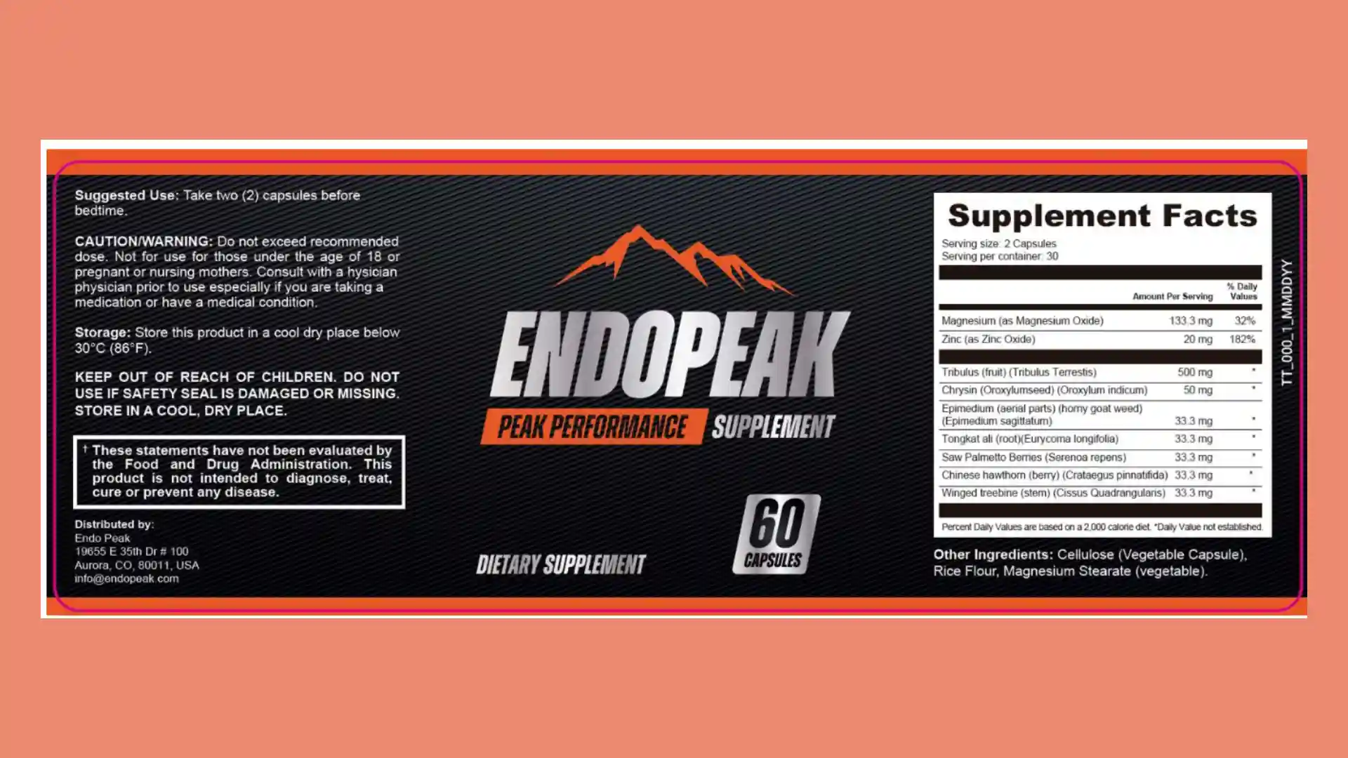 EndoPeak supplement label