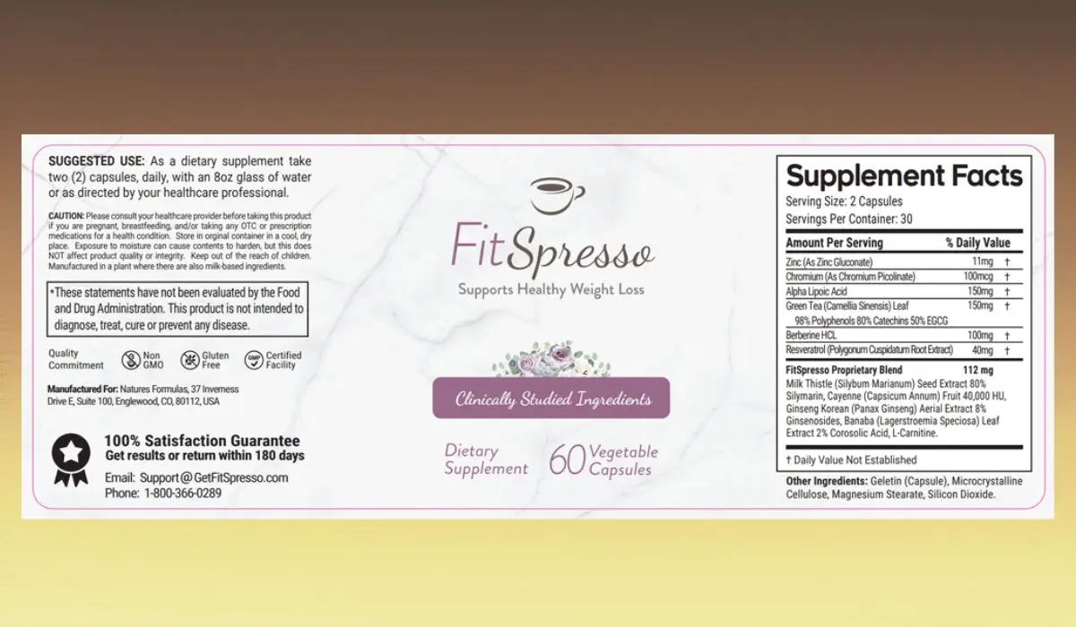 FitSpresso Supplement Facts Label