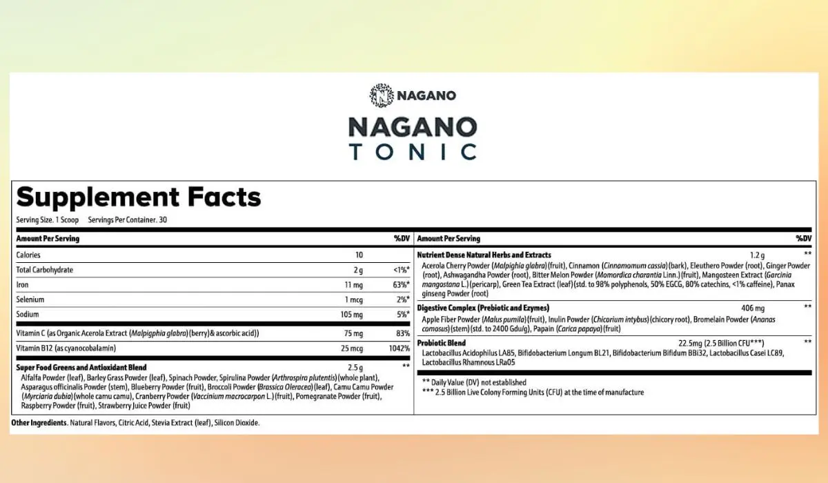 Nagano Lean Body Tonic Facts Label